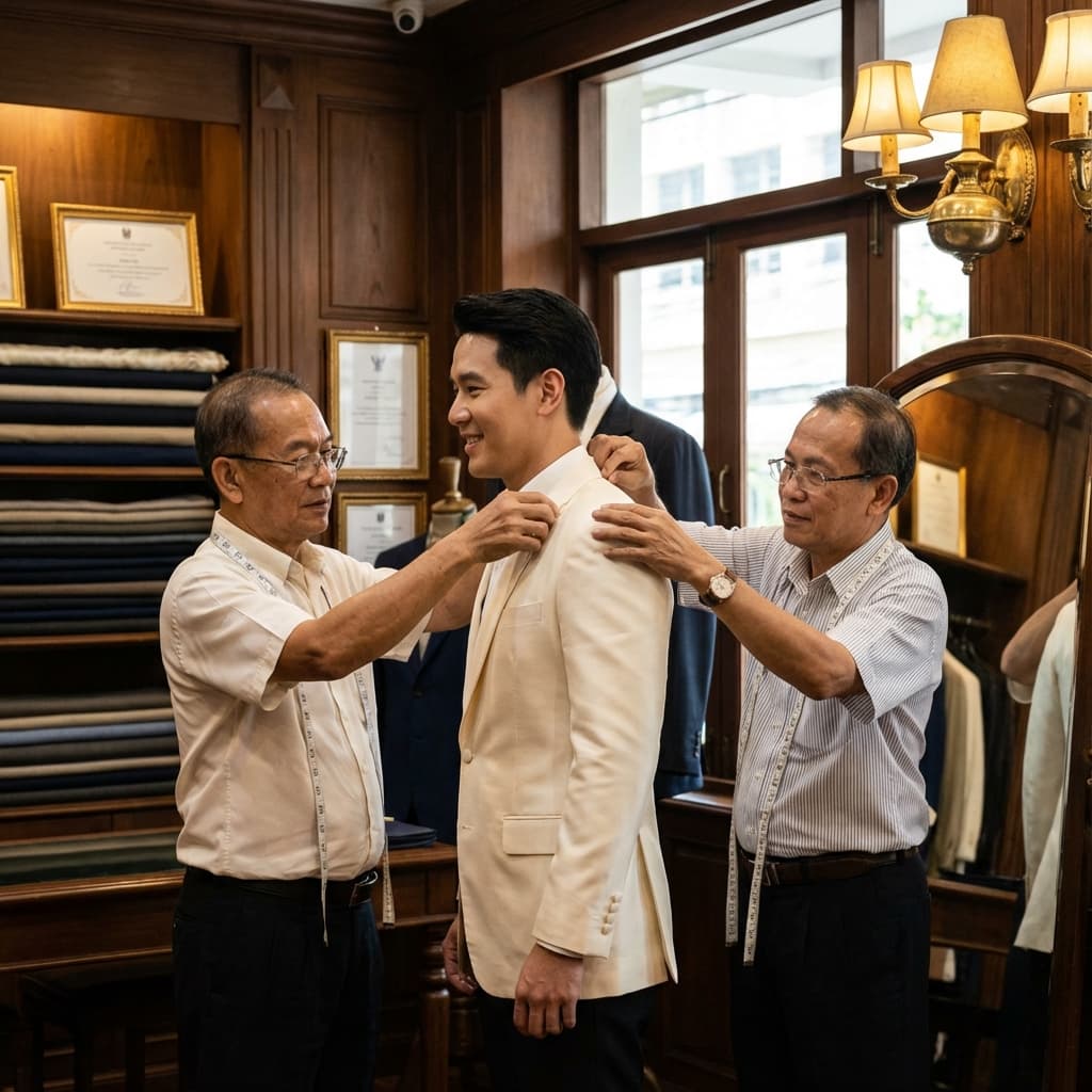 Master tailors fitting a bespoke ivory wedding suit at Siphraya Bangkok